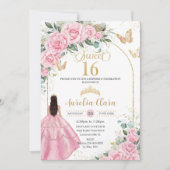 Quinceañera Rozen Bloemen Brunette Meisje Goud Kaart (Voorkant)