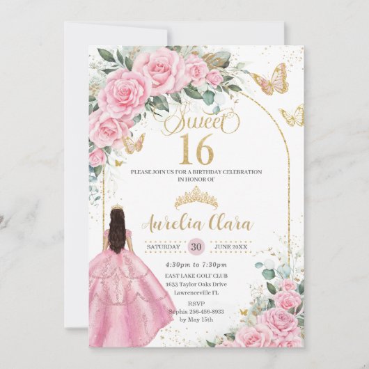 Quinceañera Rozen Bloemen Brunette Meisje Goud Kaart (Voorkant)