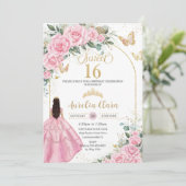 Quinceañera Rozen Bloemen Brunette Meisje Goud Kaart (Staand voorkant)