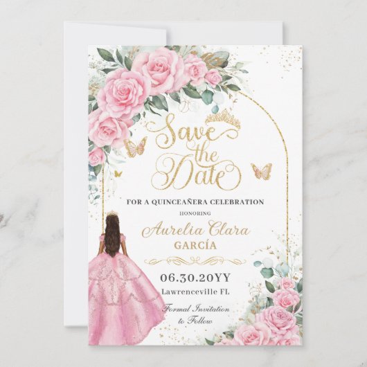 Quinceañera Rozen Bloemen Tan Bruin Meisje Goud Save The Date (Voorkant)