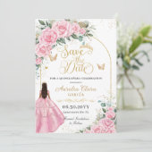 Quinceañera Rozen Bloemen Tan Bruin Meisje Goud Save The Date (Staand voorkant)