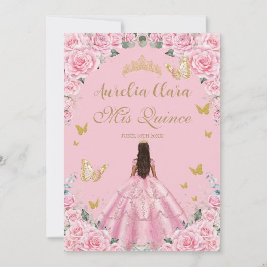 Quinceañera Rozen Bloemen Tan Bruin Meisje Goud Save The Date (Achterkant)