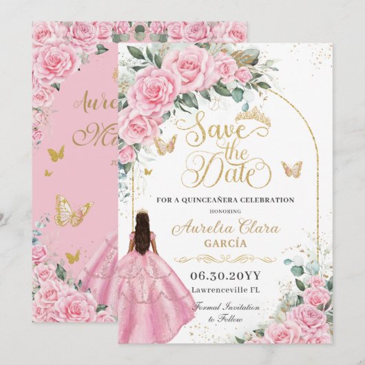 Quinceañera Rozen Bloemen Tan Bruin Meisje Goud Save The Date (Voorkant / Achterkant)