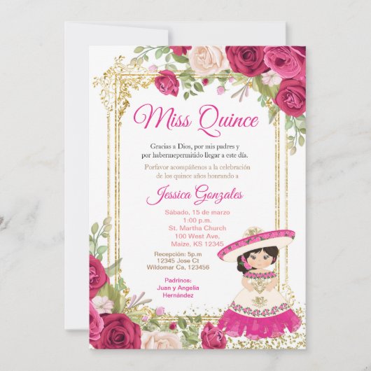 Quinceanera Rozen Mexicaanse Miss Quince Uitnodige Kaart (Voorkant)