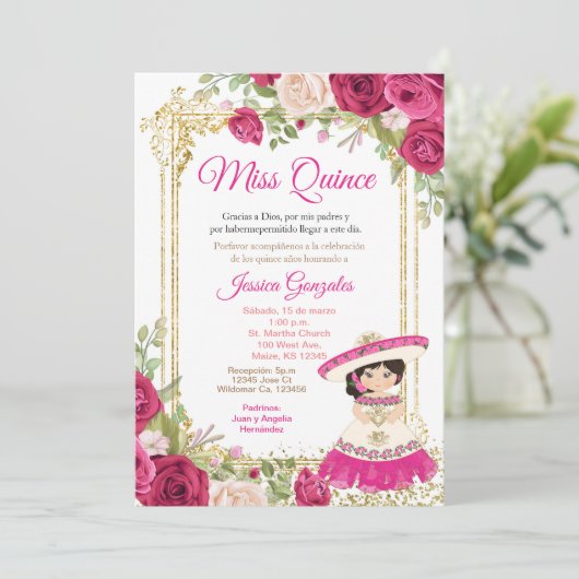 Quinceanera Rozen Mexicaanse Miss Quince Uitnodige Kaart (Staand voorkant)