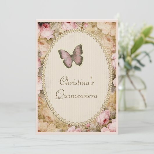 Quinceañera  Rozen Vlinder & Muzieknoten Kaart (Staand voorkant)