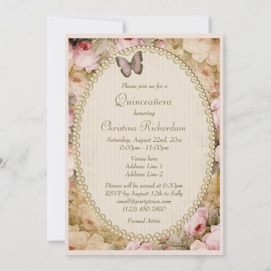 Quinceañera  Rozen Vlinder & Muzieknoten Kaart (Achterkant)