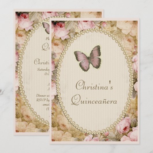 Quinceañera  Rozen Vlinder & Muzieknoten Kaart (Voorkant / Achterkant)