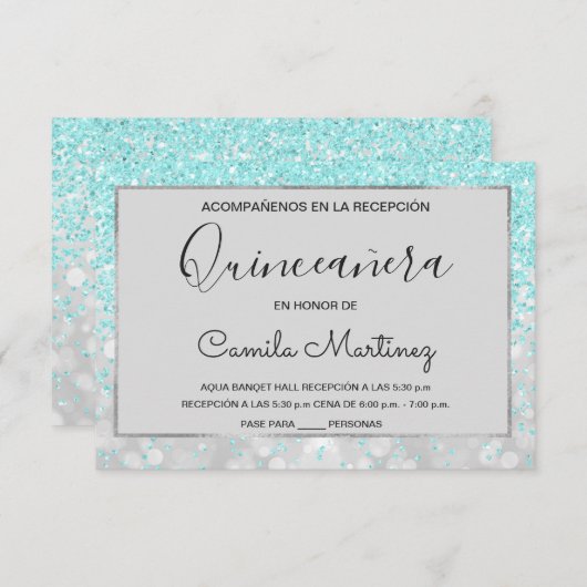 Quinceanera RSVP Blauwgroen Blauw Girly Glitter Sp Kaart (Voorkant / Achterkant)
