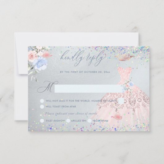 Quinceanera RSVP Blush Pin Glitter Gown Invitation Kaart (Achterkant)