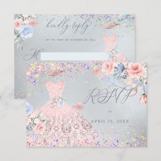 Quinceanera RSVP Blush Pin Glitter Gown Invitation Kaart (Voorkant / Achterkant)