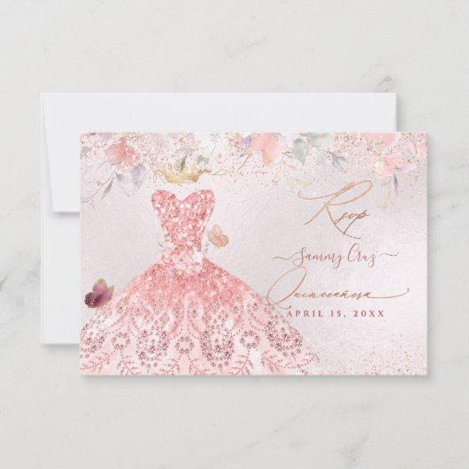 Quinceanera RSVP Blush Pink Dress Save The Date (Voorkant)