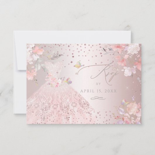 Quinceanera RSVP Blush Pink Gown Sweet Peas Kaart (Voorkant)