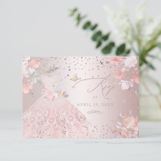 Quinceanera RSVP Blush Pink Gown Sweet Peas Kaart (Staand voorkant)