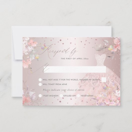 Quinceanera RSVP Blush Pink Gown Sweet Peas Kaart (Achterkant)