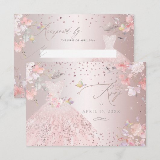 Quinceanera RSVP Blush Pink Gown Sweet Peas Kaart (Voorkant / Achterkant)