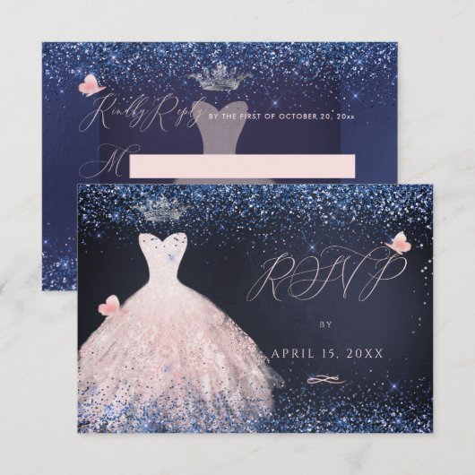 Quinceanera RSVP Butterfly Blush Gown Navy in Kaart (Voorkant / Achterkant)