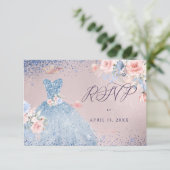 Quinceanera RSVP Dusty Blue Glitter Gown Kaart (Staand voorkant)