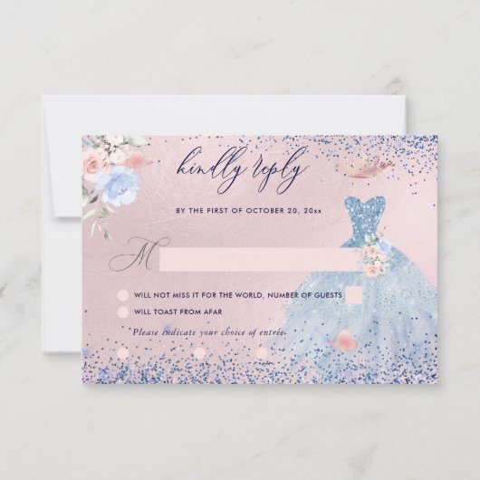 Quinceanera RSVP Dusty Blue Glitter Gown Kaart (Achterkant)