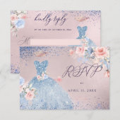 Quinceanera RSVP Dusty Blue Glitter Gown Kaart (Voorkant / Achterkant)