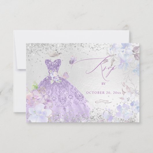 Quinceanera RSVP Dusty Paars Glitter Gown Kaart (Voorkant)