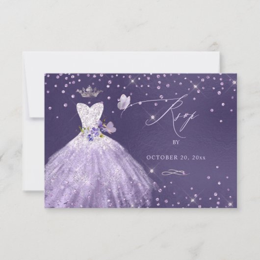 Quinceanera RSVP Dusty Paars Glitter Gown Kaart (Voorkant)