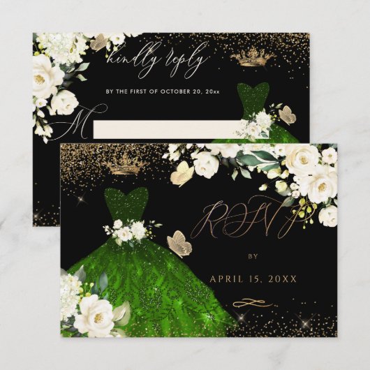 Quinceanera RSVP Emerald Green Glitter Kaart (Voorkant / Achterkant)