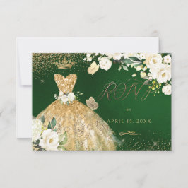 Quinceanera RSVP Emerald Green Gold Glitter Gown Kaart
