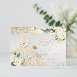 Quinceanera RSVP Gold Glitter Gown Invitation Kaart