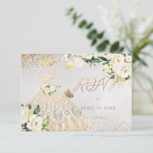 Quinceanera RSVP Gouden Glitter Jurk Uitnodiging