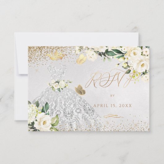 Quinceanera RSVP Silver Glitter Gown Invitation Kaart (Voorkant)