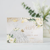 Quinceanera RSVP Silver Glitter Gown Invitation Kaart (Staand voorkant)