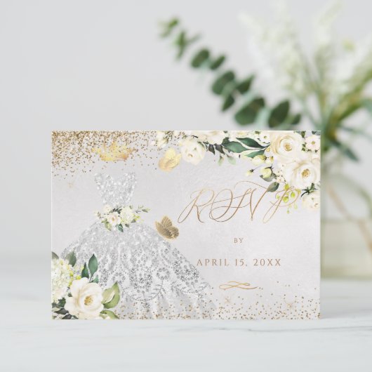 Quinceanera RSVP Silver Glitter Gown Invitation Kaart (Staand voorkant)