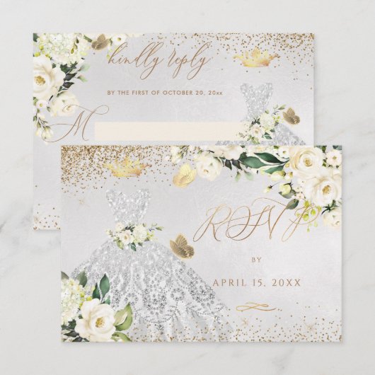 Quinceanera RSVP Silver Glitter Gown Invitation Kaart (Voorkant / Achterkant)