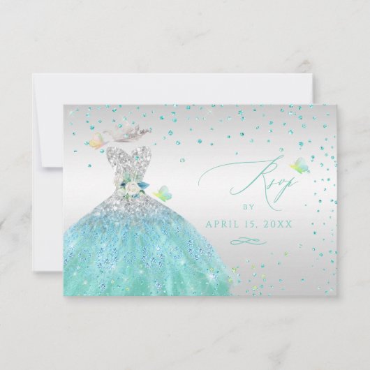 Quinceanera RSVP Turquoise Silver Glitter Gown Inv Kaart (Voorkant)