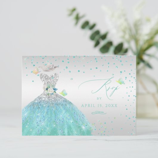 Quinceanera RSVP Turquoise Silver Glitter Gown Inv Kaart (Staand voorkant)