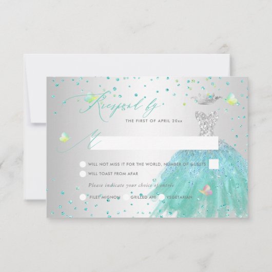 Quinceanera RSVP Turquoise Silver Glitter Gown Inv Kaart (Achterkant)