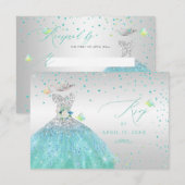 Quinceanera RSVP Turquoise Silver Glitter Gown Inv Kaart (Voorkant / Achterkant)