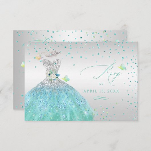 Quinceanera RSVP Turquoise Silver Glitter Gown Inv Kaart (Voorkant / Achterkant)
