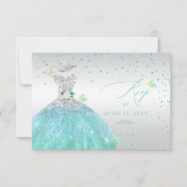 Quinceanera RSVP Turquoise Silver Glitter Gown Inv Kaart