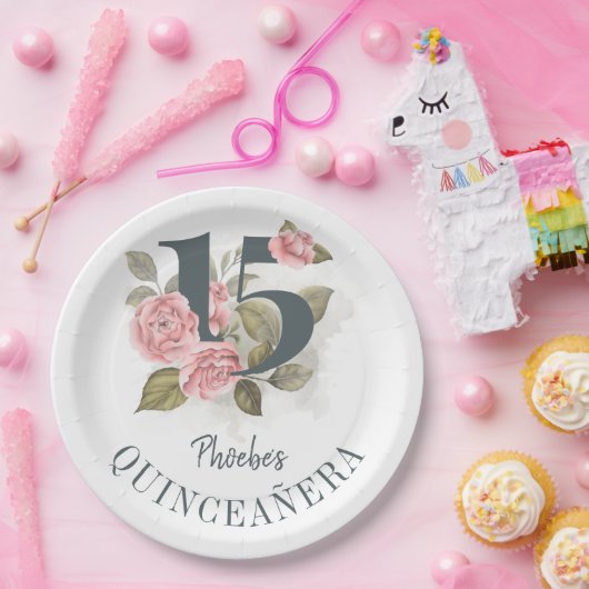 Quinceanera Rustic 15th Birthday Floral Papieren Bordje (Feest)