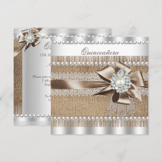 Quinceanera Rustic Burlap Pearl Lace Pearl Kaart (Voorkant / Achterkant)