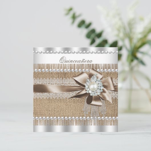 Quinceanera Rustic Burlap Pearl Lace Pearl Kaart (Staand voorkant)