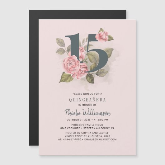 Quinceanera Rustic Floral 15e verjaardag Magnetische Uitnodiging (Voorkant / Achterkant)