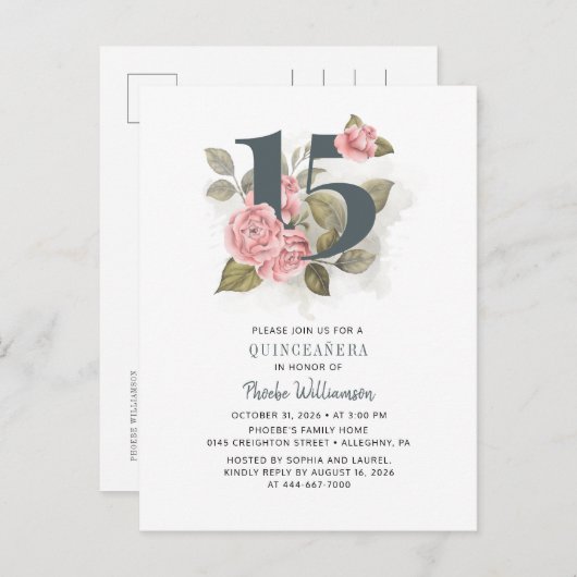 Quinceanera Rustic Floral 15e verjaardag Uitnodiging Briefkaart (Voorkant / Achterkant)