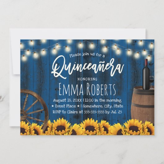 Quinceanera Rustic Sunflower Barrel Navy Blue Kaart (Voorkant)