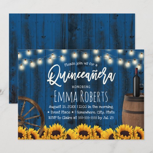 Quinceanera Rustic Sunflower Barrel Navy Blue Kaart (Voorkant / Achterkant)