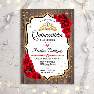 Quinceanera - Rustic Wood Red Roses Kaart