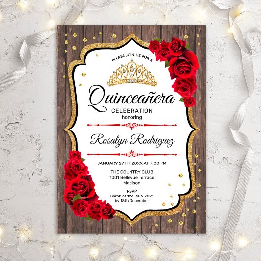 Quinceanera - Rustic Wood Red Roses Kaart