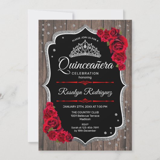 Quinceanera - Rustic Wood Silver Red Kaart (Voorkant)